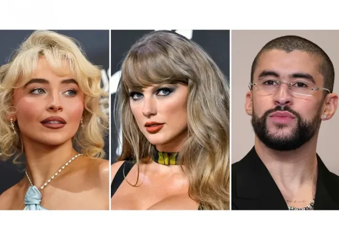 This combination of photos shows Sabrina Carpenter, left, Taylor Swift, center, and Bad Bunny. (AP Photo)