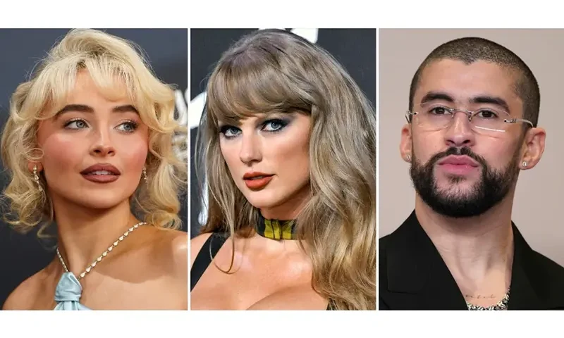 This combination of photos shows Sabrina Carpenter, left, Taylor Swift, center, and Bad Bunny. (AP Photo)
