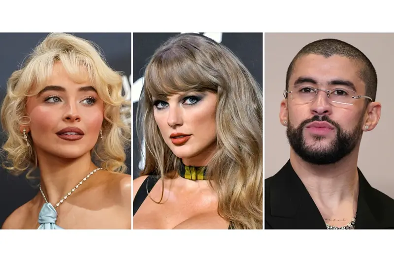 This combination of photos shows Sabrina Carpenter, left, Taylor Swift, center, and Bad Bunny. (AP Photo)