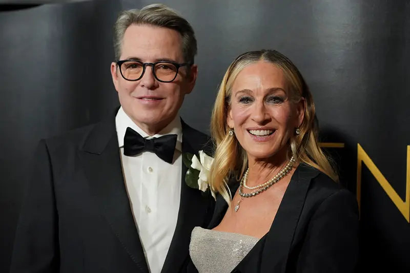 Matthew Broderick, left, and Sarah Jessica Parker arrive at the Golden Globes Golden Eve on Tuesday, Jan. 6, 2026, at The Beverly Hilton Hotel, in Beverly Hills, Calif. (Photo by Jordan Strauss/Invision/AP)