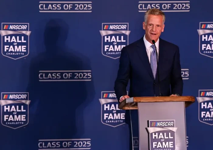 NASCAR president Steve Phelps announces the inductees to the 2025 NASCAR Hall of Fame class, Tuesday, May 21, 2024, in Charlotte, N.C. (AP Photo/Matt Kelley, File)