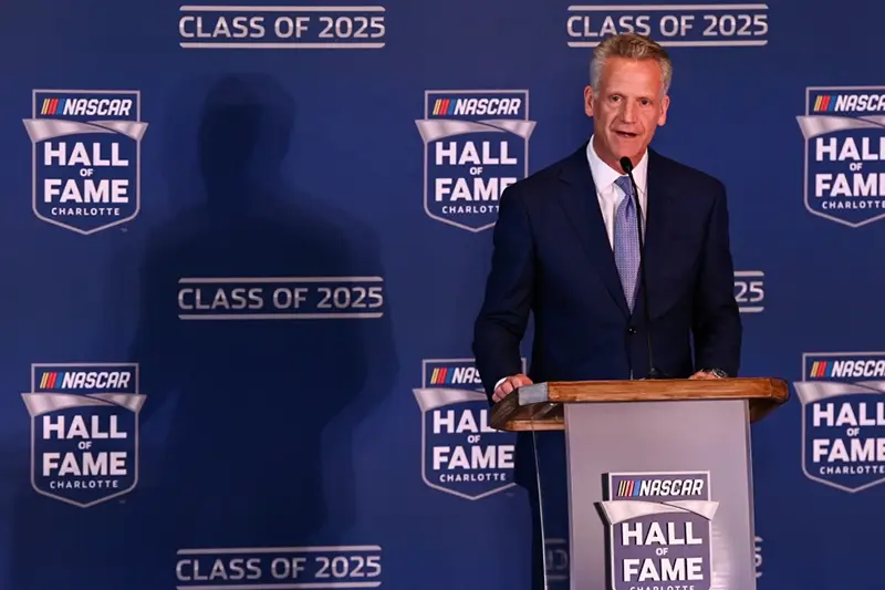 NASCAR president Steve Phelps announces the inductees to the 2025 NASCAR Hall of Fame class, Tuesday, May 21, 2024, in Charlotte, N.C. (AP Photo/Matt Kelley, File)