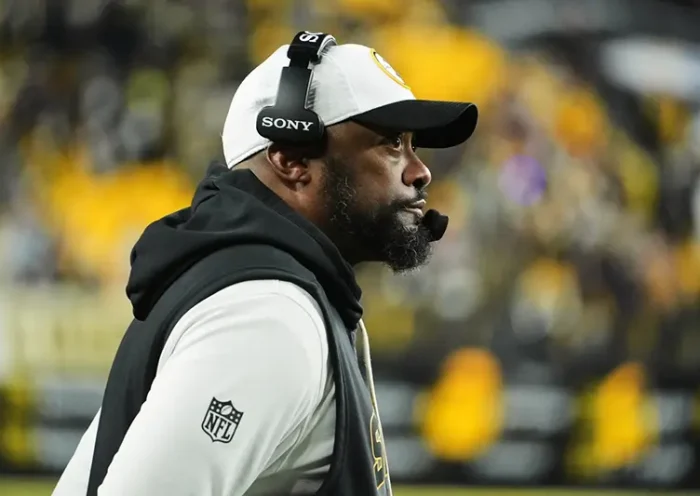 Pittsburgh Steelers head coach Mike Tomlin reacts after a Houston Texans touchdown during the second half of NFL wild-card playoff football game, Monday, Jan. 12, 2026, in Pittsburgh. (AP Photo/Gene J. Puskar)