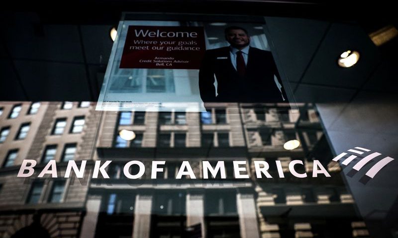 A Bank of America logo is seen on the entrance to a Bank of America financial center in New York City, U.S., July 11, 2023. REUTERS/Brendan McDermid/File photo