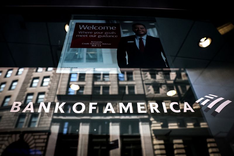 A Bank of America logo is seen on the entrance to a Bank of America financial center in New York City, U.S., July 11, 2023. REUTERS/Brendan McDermid/File photo