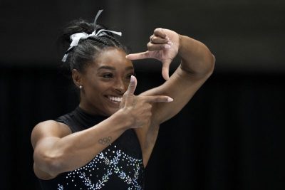 August 27, 2023; San Jose, California, USA; Simone Biles practices her routine during the 2023 U.S. Gymnastics Championships at SAP Center. Mandatory Credit: Kyle Terada-USA TODAY