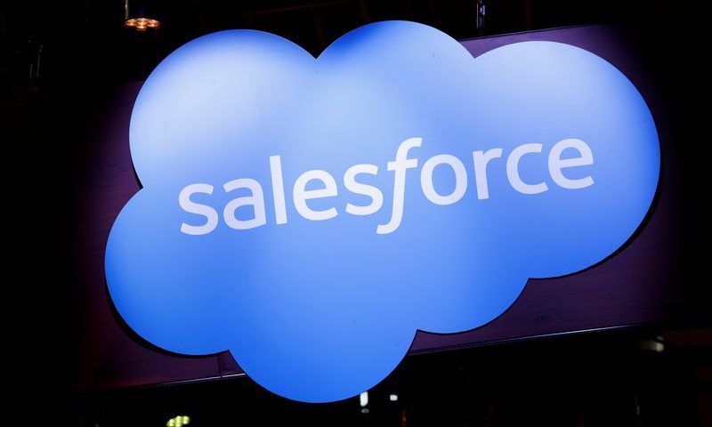 A logo of Salesforce is seen at its exhibition space, at the Viva Technology conference dedicated to innovation and startups at the Porte de Versailles exhibition center in Paris, France June 16, 2022. REUTERS/Benoit Tessier